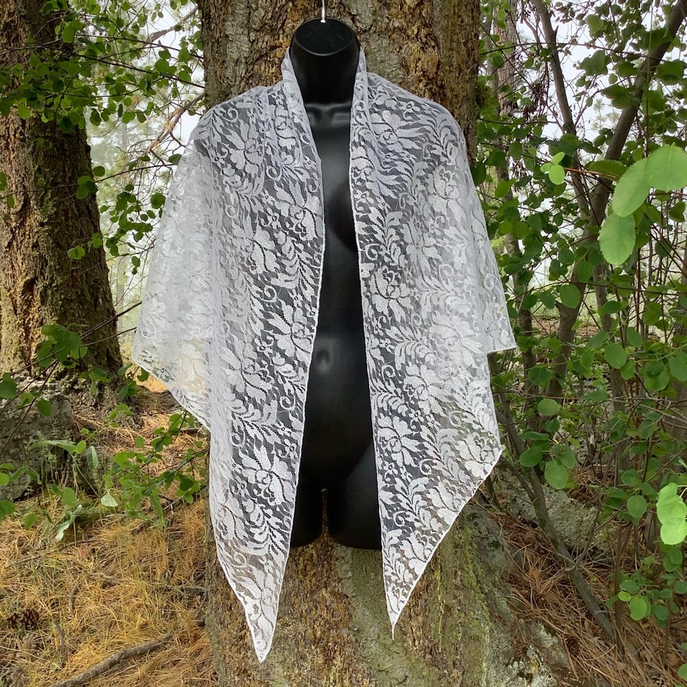 Extra large white lace fabric scarf Silver with White floral lace Shawl
